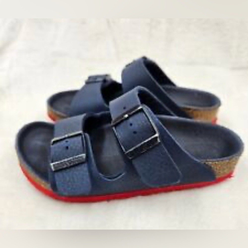 Birkenstock Arizona Navy Red Tan Slip On Slides Sandals-Kids Youth 2-2.5- EU 33